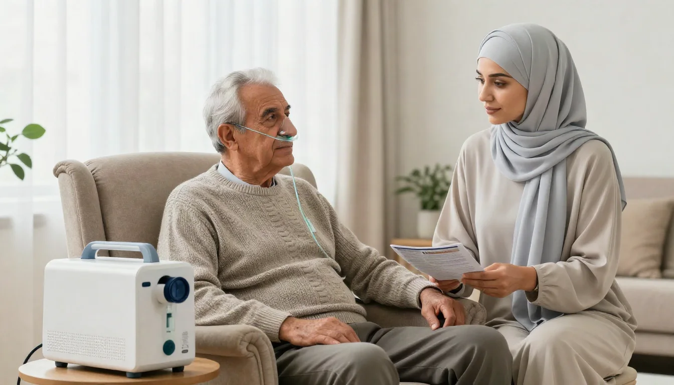 العلاج بالأكسجين المنزلي: دليل شامل للمرضى ومقدمي الرعاية — دليل شامل للمرضى حول الاستخدام الآمن والفعال لأجهزة العلاج بالأكسجين المنزلي وإجراءات الطوارئ.