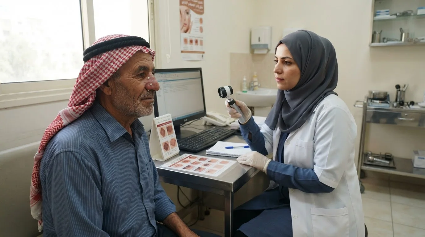 سرطان الخلايا القاعدية: قرحة لامعة لا تلتئم على الوجه — شرح لسرطان الخلايا القاعدية كأكثر أنواع سرطان الجلد شيوعاً، وكيفية رصد قرح الوجه غير الملتئمة.