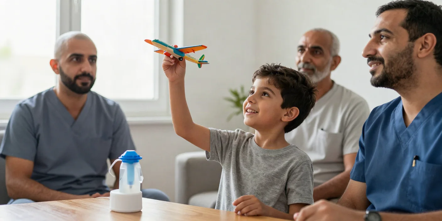 الربو عند الأطفال: الصفير والكحة الليلية وخطة البخاخ — A guide on managing airway constriction in children and the importance of a continuous medication treatment plan.