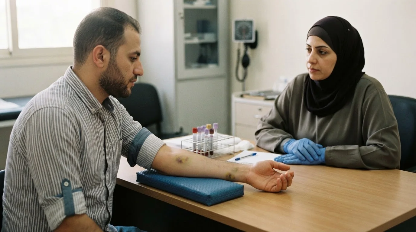 الكدمات المتكررة وسهولة النزف: متى تستدعي الفحص الطبي؟ — مناقشة أسباب الكدمات والنزيف المتكرر ومتى يستدعي ذلك إجراء فحوصات طبية للتحقق من اضطرابات الدم.