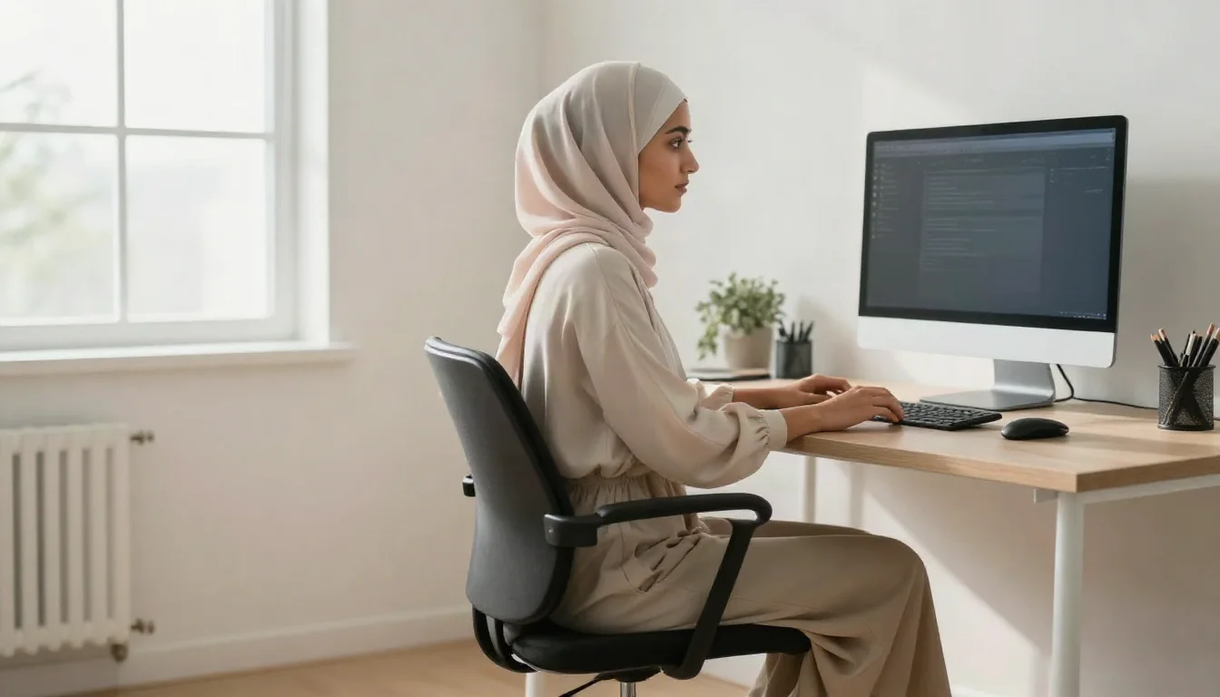 مبادئ العمل المريح في المكتب المنزلي: الوقاية من آلام الظهر والرقبة — نصائح عملية لتطبيق مبادئ العمل المريح في المكتب المنزلي للوقاية من آلام الظهر والرقبة والمفاصل.